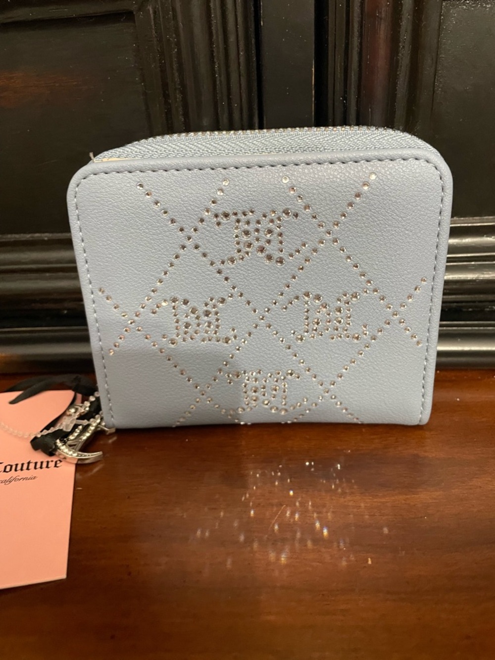 Juicy Couture Light Blue Quilted Zip Wallet with Crystal accents nwt